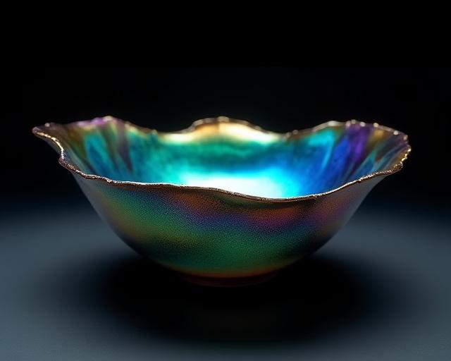 Una ciotola Raku dal bordo irregolare che mostra un'ampia e vivida gamma di colori iridescenti dal blu al verde smeraldo alla luce, quasi un arcobaleno.
